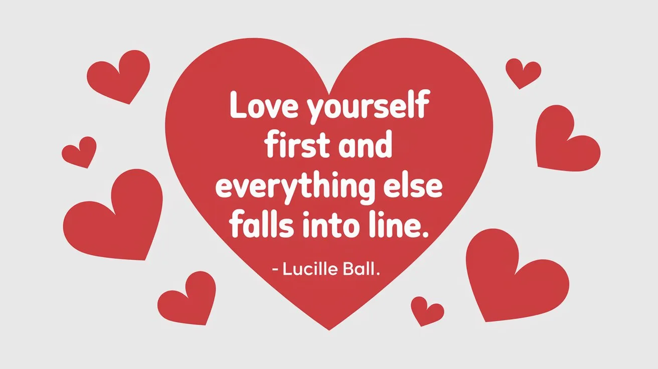100 Valentines Day Quotes: From 600 BC to the 21st Century 72 - SeniorCenters.com A clean and modern illustration of a heart with the text "Love yourself first and everything else falls into line. - Lucille Ball". There are red hearts scattered around the image. The background is white.