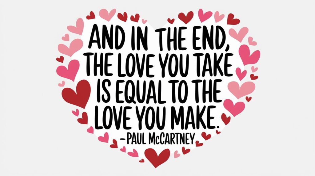 100 Valentines Day Quotes: From 600 BC to the 21st Century 80 - SeniorCenters.com A clean and modern illustration of a heart with the text "And in the end, the love you take is equal to the love you make. - Paul McCartney". There are small hearts scattered around the image. The background is white.