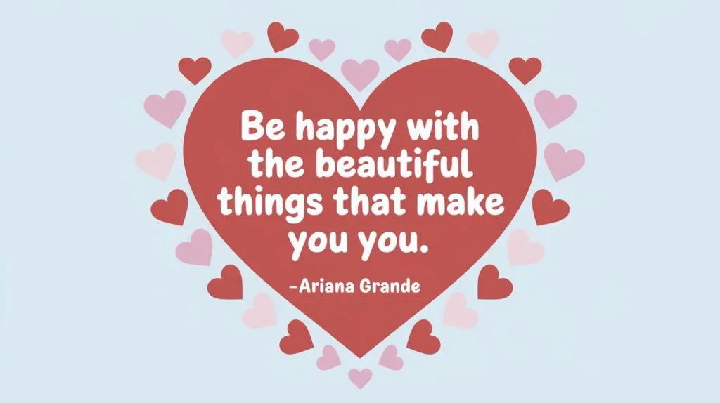 100 Valentines Day Quotes: From 600 BC to the 21st Century 86 - SeniorCenters.com A clean and modern illustration of a heart with the text "Be happy with the beautiful things that make you you. - Ariana Grande". There are pink and red hearts scattered around the heart. The background is light blue.
