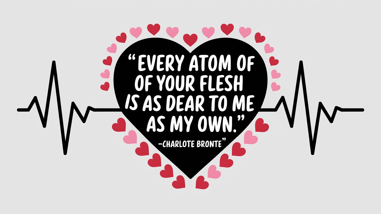 100 Valentines Day Quotes: From 600 BC to the 21st Century 37 - SeniorCenters.com A clean and modern illustration of a heartbeat with the quote "Every atom of your flesh is as dear to me as my own. -Charlotte Brontë". There are hearts around the quote and within the heartbeat. The background is white.