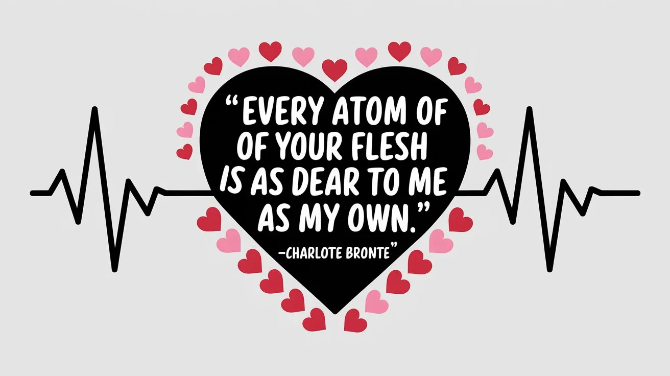 100 Valentines Day Quotes: From 600 BC to the 21st Century 36 - SeniorCenters.com A clean and modern illustration of a heartbeat with the quote "Every atom of your flesh is as dear to me as my own. -Charlotte Brontë". There are hearts around the quote and within the heartbeat. The background is white.