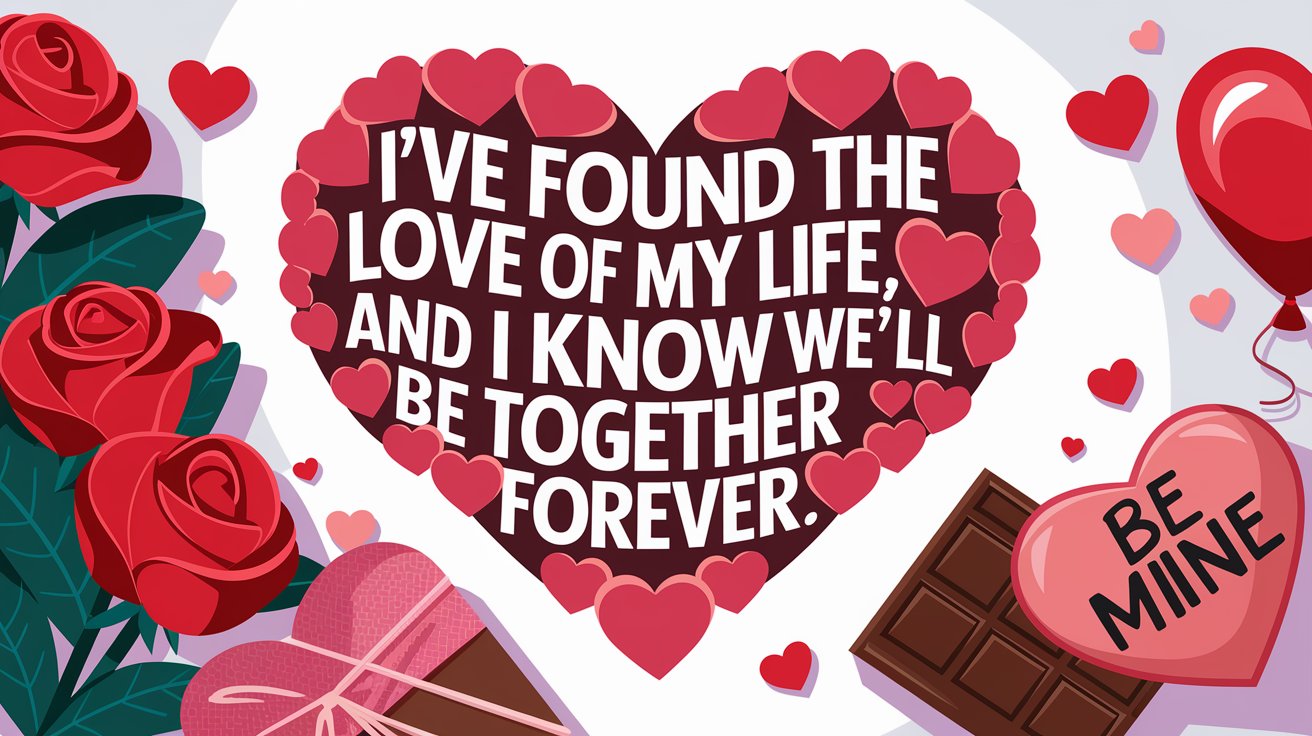 100 Valentines Day Quotes: From 600 BC to the 21st Century 95 - SeniorCenters.com A clean and modern illustration of a heart with the text "I've found the love of my life, and I know we'll be together forever." inside. The heart is made of small, interlocking hearts. Surrounding the heart are red roses, a box of chocolate, a heart-shaped balloon, and a candy heart with the text "Be Mine". The background is white.