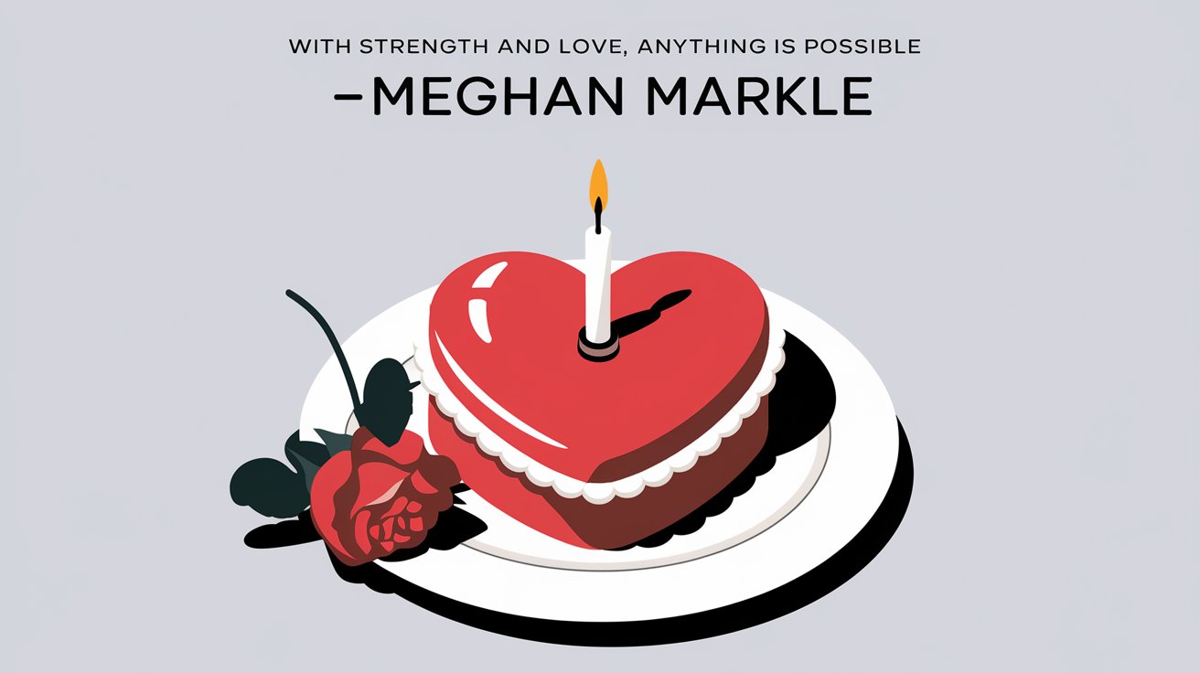100 Valentines Day Quotes: From 600 BC to the 21st Century 94 - SeniorCenters.com A clean and modern illustration of a heart-shaped cake with a lit candle on top. The cake is on a white plate. There's a red rose next to the plate. The background is a light gray. The text "With strength and love, anything is possible -Meghan Markle" is written in a modern, bold font above the cake.