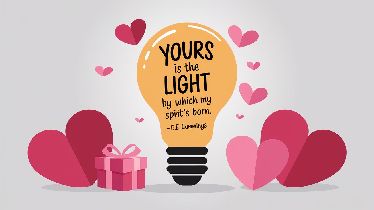100 Valentines Day Quotes: From 600 BC to the 21st Century 54 - SeniorCenters.com A clean and modern illustration of a light bulb with the quote "Yours is the light by which my spirit’s born.- E.E. Cummings". There are hearts and a Valentine's day gift box near the light bulb. The background is white.