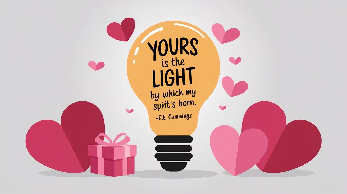 100 Valentines Day Quotes: From 600 BC to the 21st Century 53 - SeniorCenters.com A clean and modern illustration of a light bulb with the quote "Yours is the light by which my spirit’s born.- E.E. Cummings". There are hearts and a Valentine's day gift box near the light bulb. The background is white.