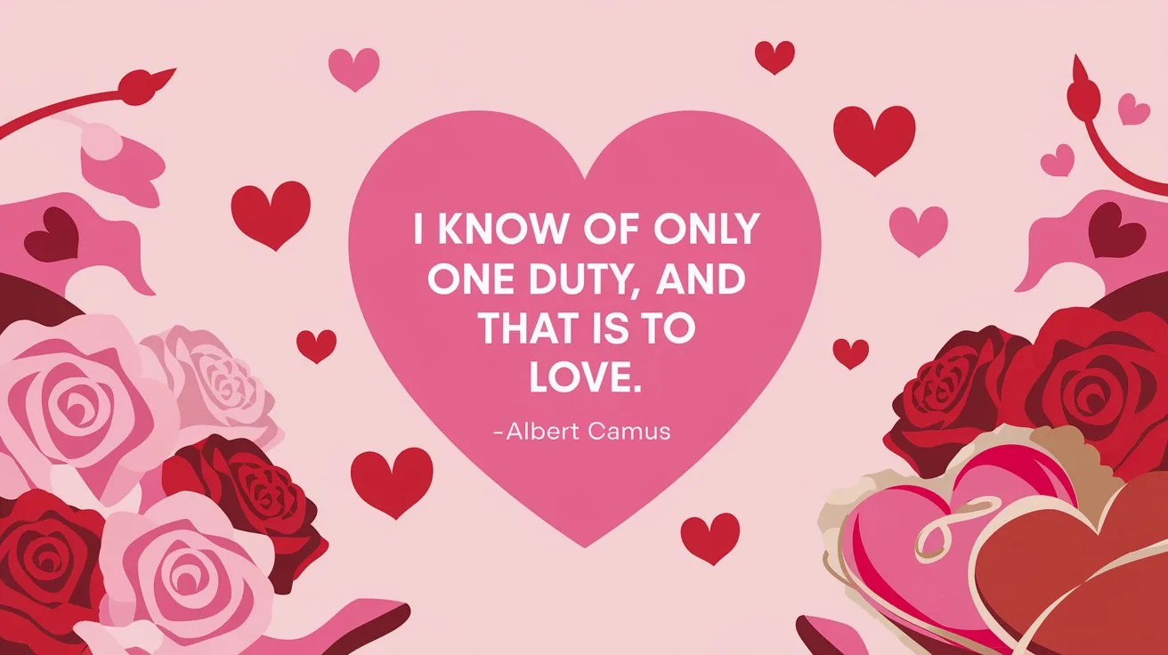 100 Valentines Day Quotes: From 600 BC to the 21st Century 63 - SeniorCenters.com A clean and modern illustration of a pink heart with the text "I know of only one duty, and that is to love.-Albert Camus". There are red hearts scattered around the image. In the background, there are pink and red roses, a pink heart-shaped box of chocolates, and a red Valentine's Day balloon. The overall design has a minimalistic style.