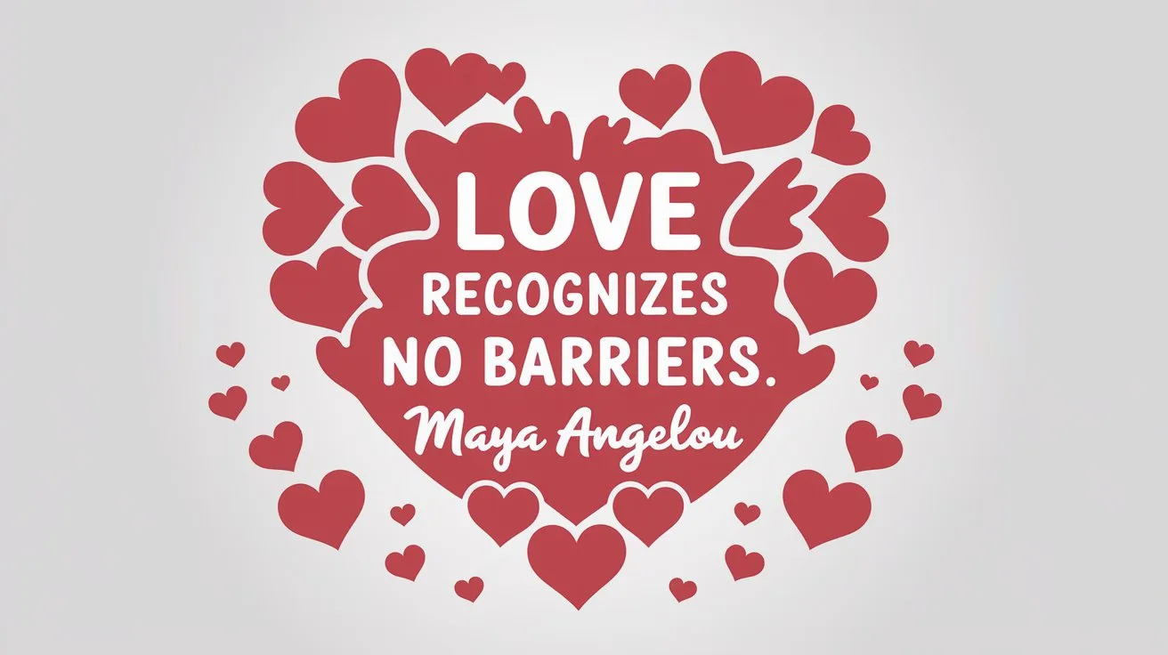 100 Valentines Day Quotes: From 600 BC to the 21st Century 64 - SeniorCenters.com A clean and modern illustration of a red heart with the text "Love recognizes no barriers.-Maya Angelou". The heart is made of multiple smaller hearts. There are also a few scattered hearts around the image. The background is white.