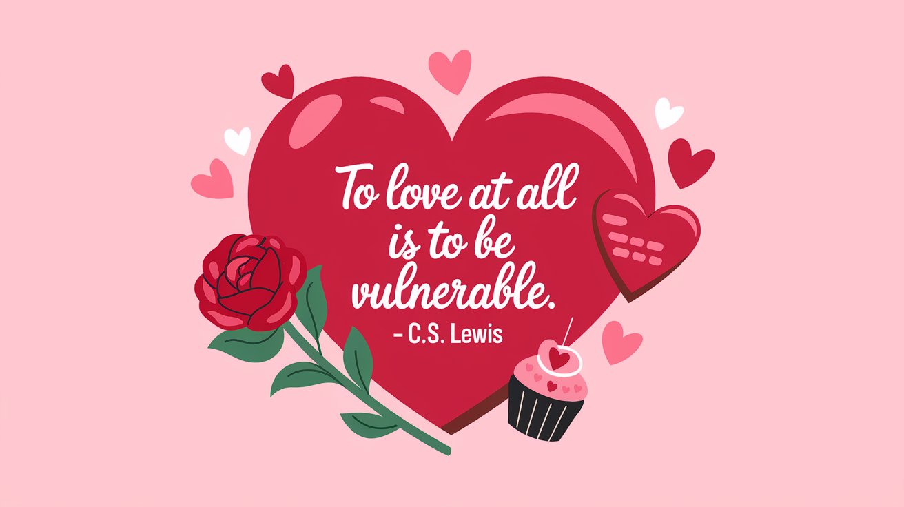 100 Valentines Day Quotes: From 600 BC to the 21st Century 57 - SeniorCenters.com A clean and modern illustration of a red heart with the Valentine's Day quote "To love at all is to be vulnerable. -C.S. Lewis". There are also hearts and Valentine's Day items like a red rose, a heart-shaped box of chocolates, and a cupcake with a heart on it. The background is a light pink hue.