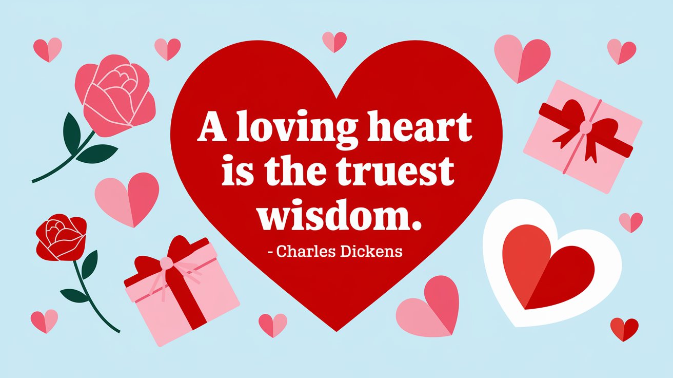 100 Valentines Day Quotes: From 600 BC to the 21st Century 38 - SeniorCenters.com A clean and modern illustration of a red heart with the text "A loving heart is the truest wisdom. - Charles Dickens". There are pink and red hearts floating around the heart. There are also a pink rose, a red rose, a pink box with a red bow, and a white heart with a red heart inside it. The background is light blue.