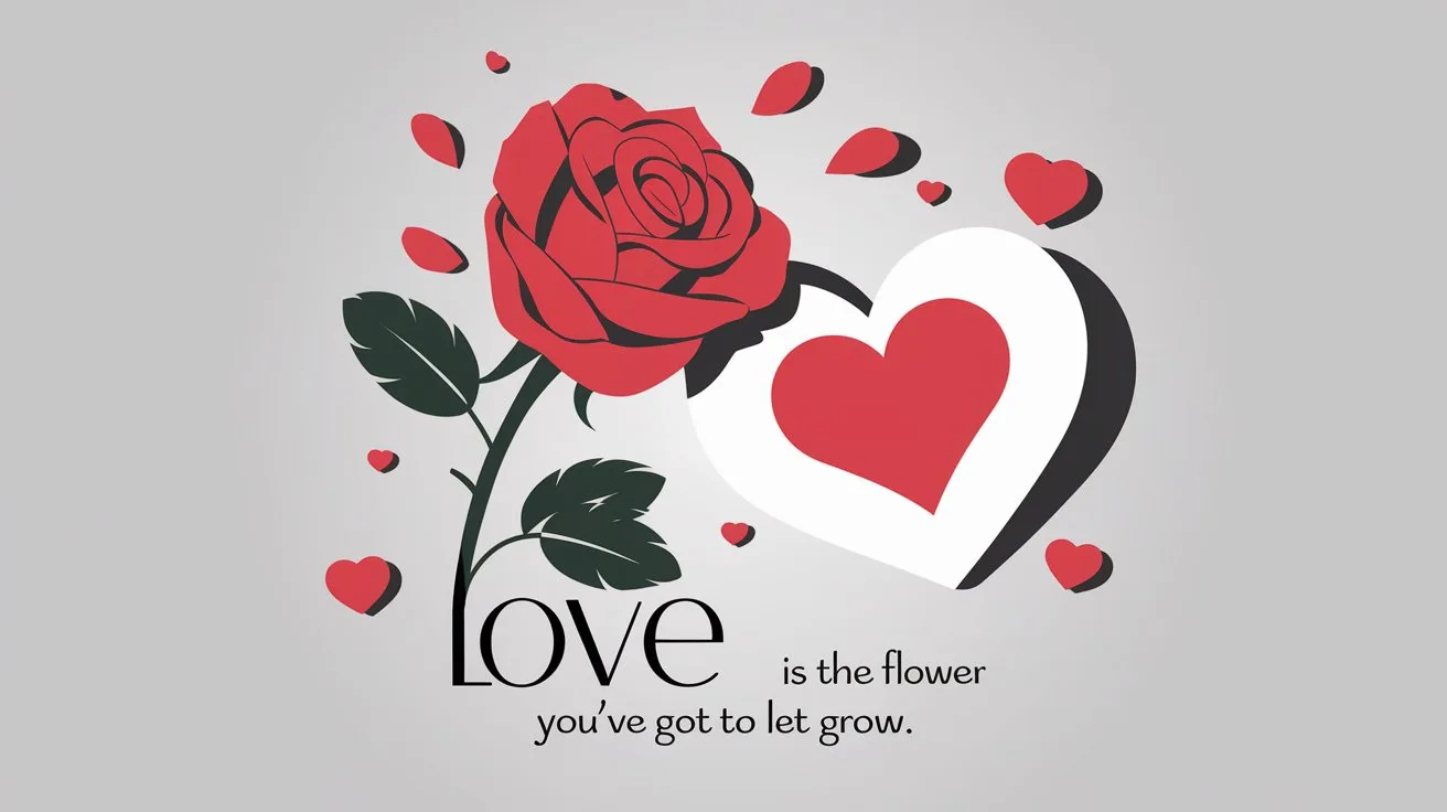 100 Valentines Day Quotes: From 600 BC to the 21st Century 65 - SeniorCenters.com A clean and modern illustration of a red rose with a few petals falling. There is a white heart with a red heart inside it. The text "Love is the flower you've got to let grow." is written in a modern font below the rose. There are small hearts and a Valentine's Day heart box scattered around the image. The background is a light grey.