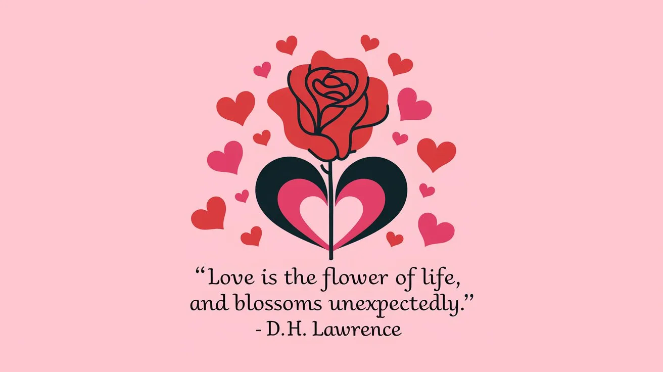 100 Valentines Day Quotes: From 600 BC to the 21st Century 47 - SeniorCenters.com A clean and modern illustration of a red rose with a heart-shaped stem. The rose is placed on a white background. There are multiple hearts of different sizes scattered around the rose. The quote "Love is the flower of life, and blossoms unexpectedly.- D.H. Lawrence" is written in a modern font below the rose. The background is a soft pink hue.