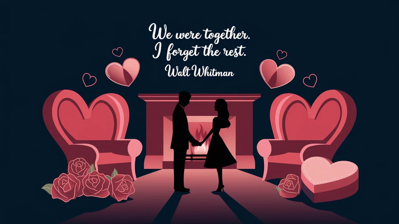 100 Valentines Day Quotes: From 600 BC to the 21st Century 38 - SeniorCenters.com A clean and modern illustration of a romantic scene with two silhouettes holding hands. The background is a cozy room with a fireplace. There are hearts and Valentine's Day items like roses and a heart-shaped box. The quote "We were together. I forget the rest." by Walt Whitman is placed above the silhouettes.