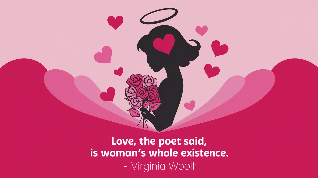 100 Valentines Day Quotes: From 600 BC to the 21st Century 51 - SeniorCenters.com A clean and modern illustration of a woman's silhouette with a heart-shaped halo over her head. She is holding a bouquet of roses. There are hearts of various sizes scattered around the image. The background is a gradient of pink and red. The text "Love, the poet said, is woman’s whole existence. - Virginia Woolf" is written in a modern font below the image.