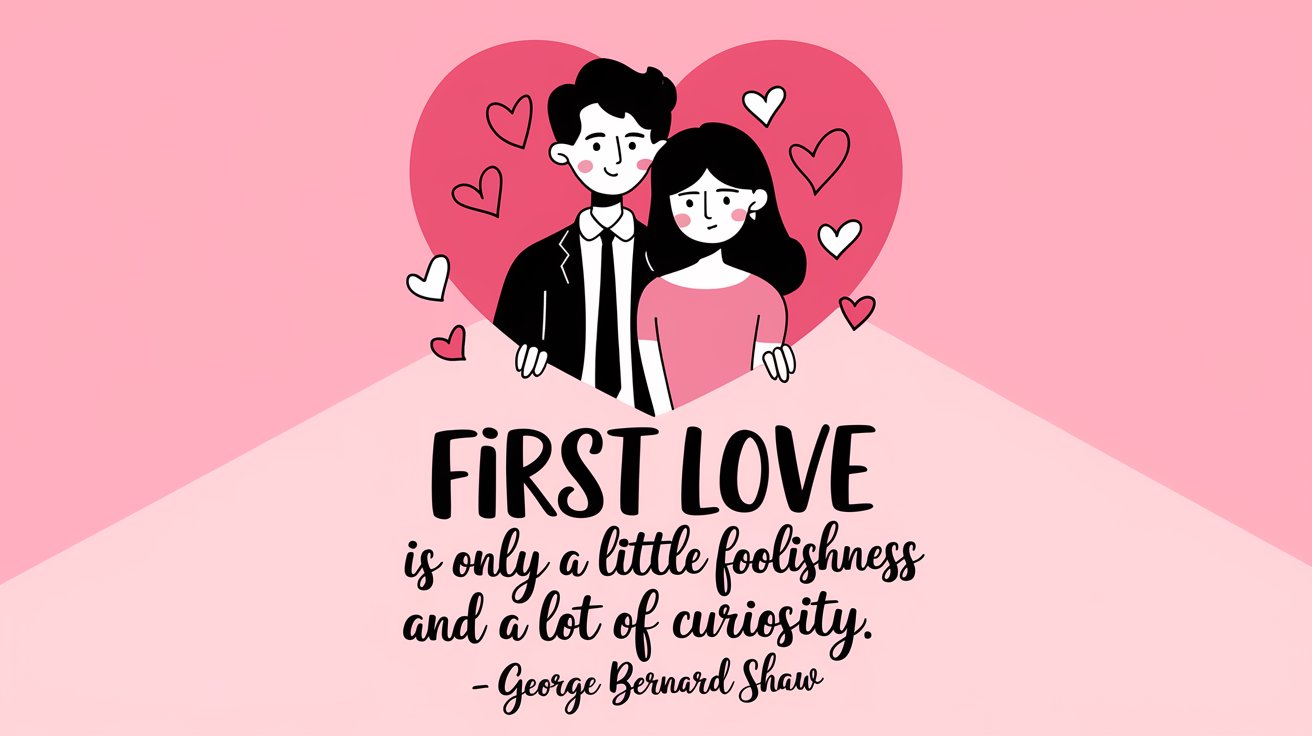 100 Valentines Day Quotes: From 600 BC to the 21st Century 58 - SeniorCenters.com A clean and modern illustration of a young couple with hearts around them. The male character is wearing a suit and the female character is wearing a dress. There are hearts around the couple. The background is a pink gradient. The quote "First love is only a little foolishness and a lot of curiosity. - George Bernard Shaw" is written in a modern font below the image.