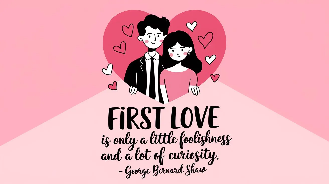 100 Valentines Day Quotes: From 600 BC to the 21st Century 57 - SeniorCenters.com A clean and modern illustration of a young couple with hearts around them. The male character is wearing a suit and the female character is wearing a dress. There are hearts around the couple. The background is a pink gradient. The quote "First love is only a little foolishness and a lot of curiosity. - George Bernard Shaw" is written in a modern font below the image.