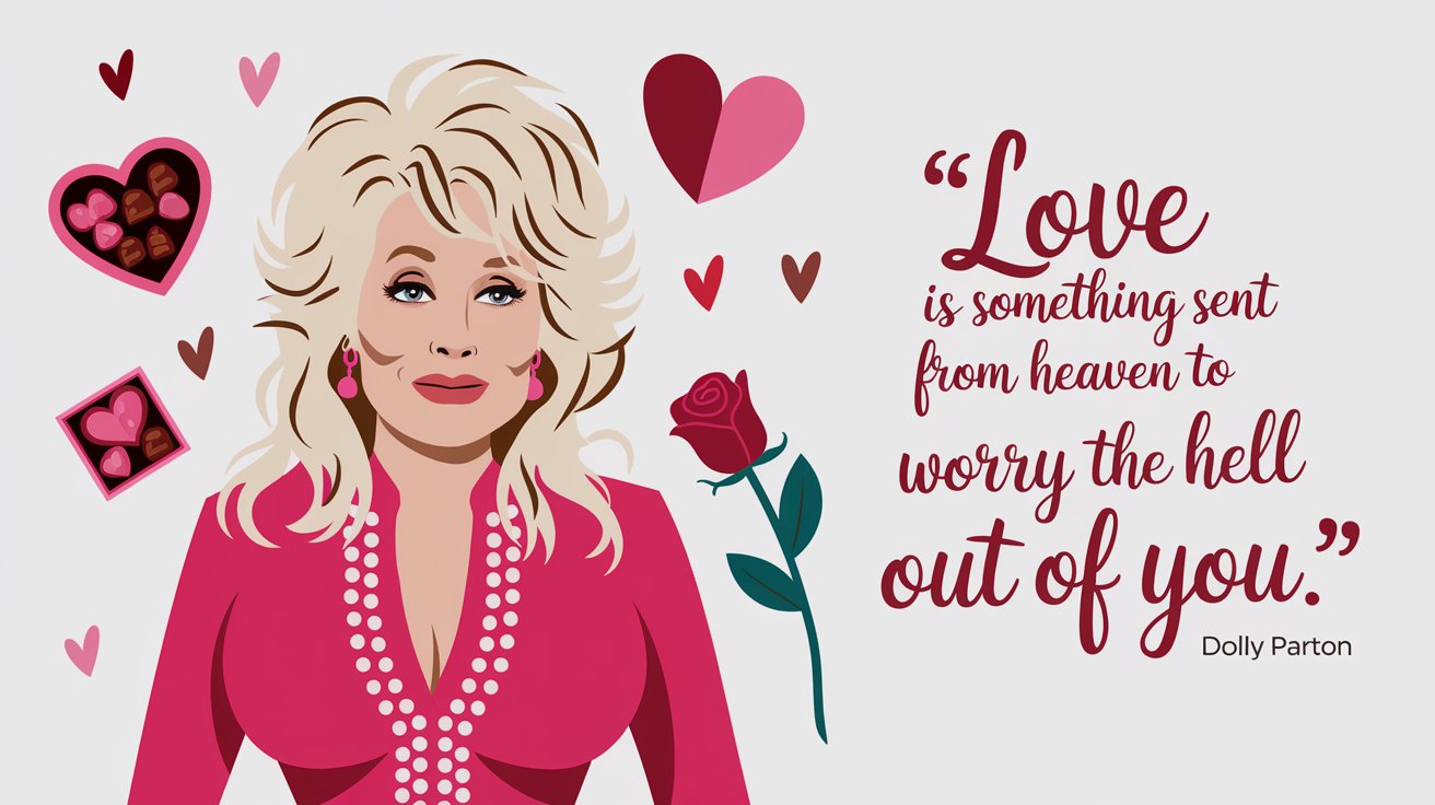 100 Valentines Day Quotes: From 600 BC to the 21st Century 71 - SeniorCenters.com A clean and modern illustration of Dolly Parton with the quote "Love is something sent from Heaven to worry the Hell out of you." There are hearts and Valentine's Day items around the image, such as a heart-shaped box of chocolates and a red rose. The background is white.