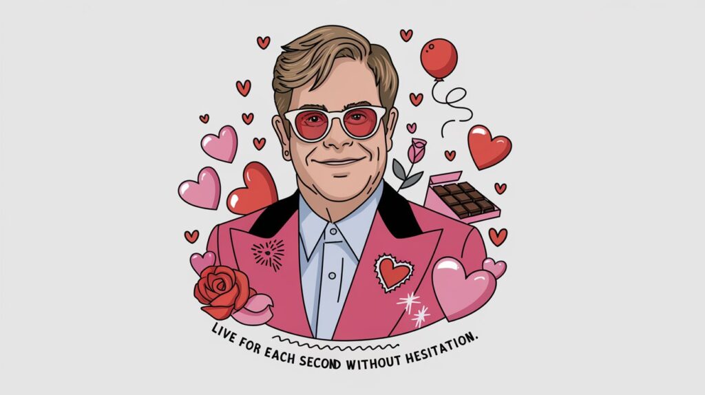 100 Valentines Day Quotes: From 600 BC to the 21st Century 78 - SeniorCenters.com A clean and modern illustration of Elton John with the quote "Live for each second without hesitation." There are hearts and Valentine's Day items around the image, such as a rose, a box of chocolates, and a heart-shaped balloon. The background is white.