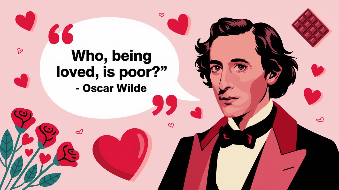 100 Valentines Day Quotes: From 600 BC to the 21st Century 43 - SeniorCenters.com A clean and modern illustration of Oscar Wilde with a quote bubble containing the text "Who, being loved, is poor? - Oscar Wilde". There are hearts surrounding the image, and there are also Valentine's Day items such as a red heart, a bouquet of roses, and a box of chocolate. The background is a soft pink.