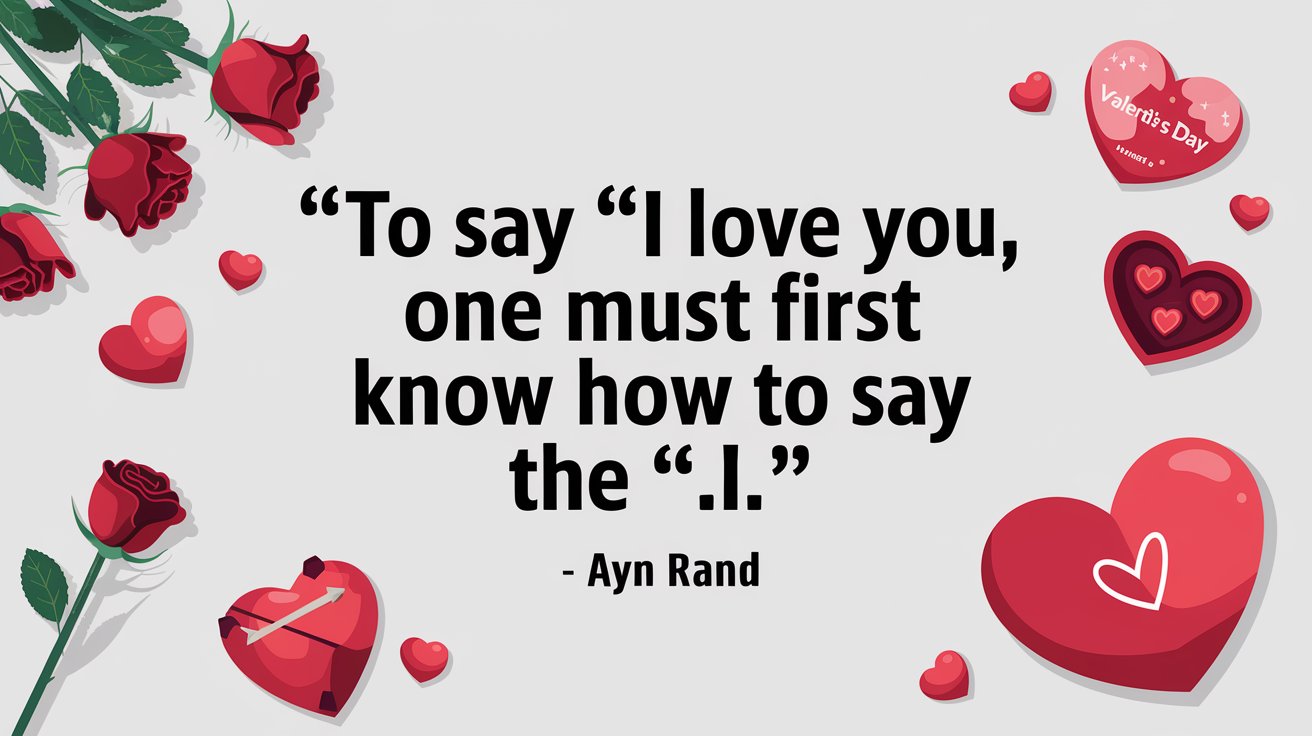 100 Valentines Day Quotes: From 600 BC to the 21st Century 55 - SeniorCenters.com A clean and modern illustration of the quote "To say 'I love you,' one must first know how to say the 'I.'- Ayn Rand". There are hearts and Valentine's Day items around the image, such as roses, a heart-shaped box of chocolates, and a Valentine's Day card. The background is white.