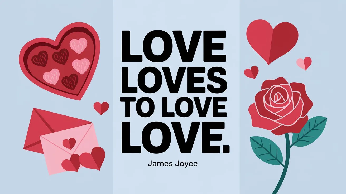 100 Valentines Day Quotes: From 600 BC to the 21st Century 49 - SeniorCenters.com A clean and modern illustration of the quote "Love loves to love love." by James Joyce. There are hearts and Valentine's Day items around the image, such as a heart-shaped box of chocolates, a red rose, and a Valentine's Day card. The background is a light blue gradient.