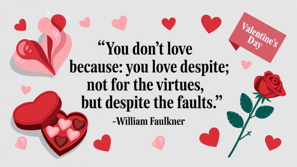 100 Valentines Day Quotes: From 600 BC to the 21st Century 56 - SeniorCenters.com A clean and modern illustration with the Valentine's Day quote "You don't love because: you love despite; not for the virtues, but despite the faults.-William Faulkner". There are hearts and Valentine's Day items around the image, such as a heart-shaped box of chocolates, a red rose, and a Valentine's Day card. The background is white.