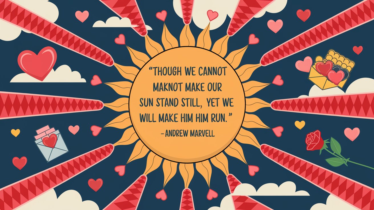 100 Valentines Day Quotes: From 600 BC to the 21st Century 21 - SeniorCenters.com A digital illustration of a sun with rays made of hearts. There's a text bubble with the quote "Though we cannot make our sun stand still, yet we will make him run. - Andrew Marvell". There are hearts and Valentine's Day items like a card, a box of chocolates, and a red rose around the image. The background is a blue sky with white clouds.