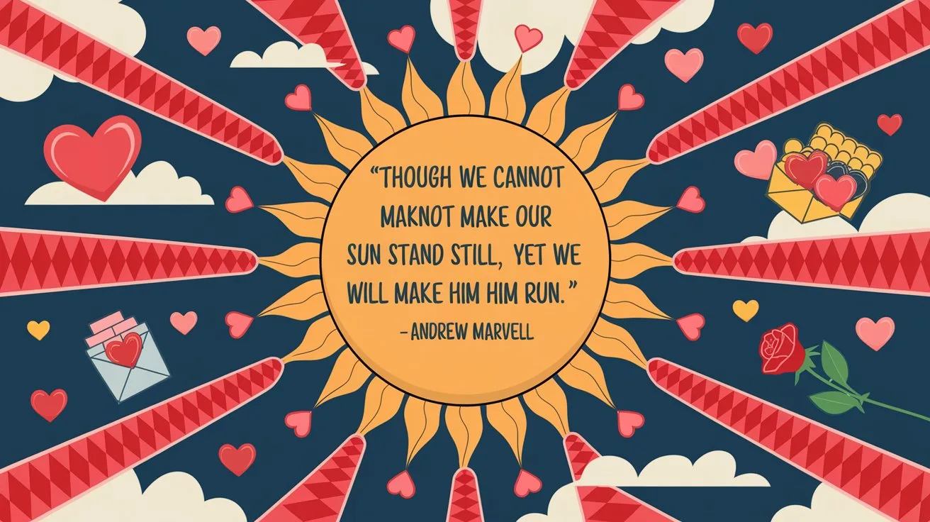 100 Valentines Day Quotes: From 600 BC to the 21st Century 20 - SeniorCenters.com A digital illustration of a sun with rays made of hearts. There's a text bubble with the quote "Though we cannot make our sun stand still, yet we will make him run. - Andrew Marvell". There are hearts and Valentine's Day items like a card, a box of chocolates, and a red rose around the image. The background is a blue sky with white clouds.