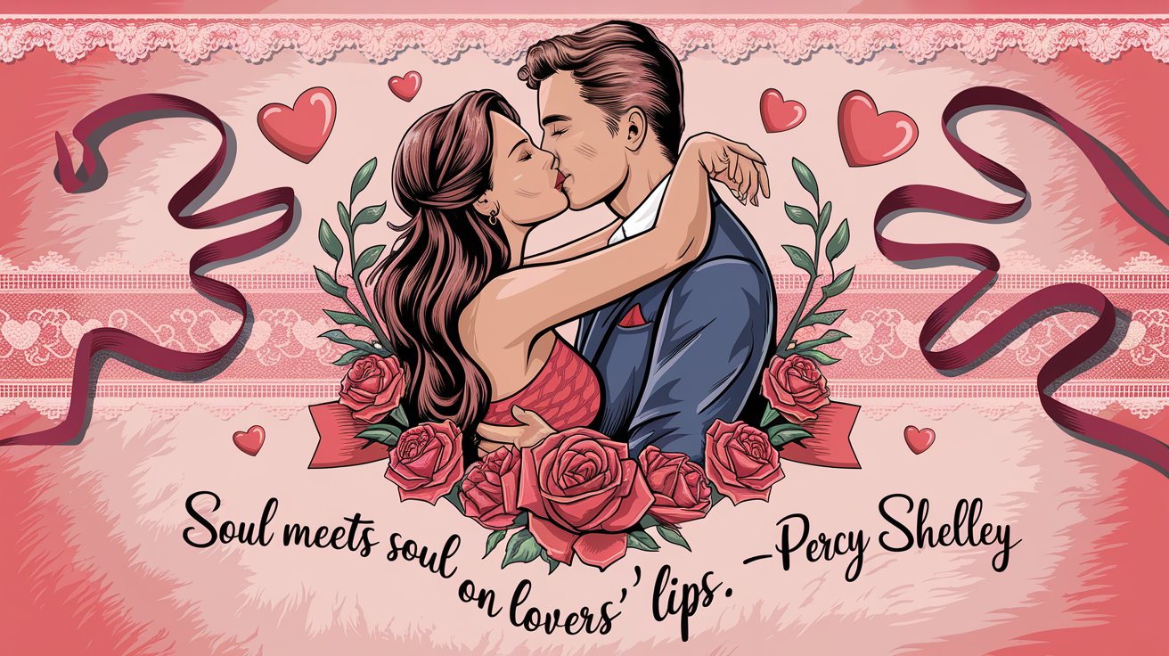 100 Valentines Day Quotes: From 600 BC to the 21st Century 30 - SeniorCenters.com A hand-drawn illustration of a couple kissing passionately on a Valentine's Day background. The woman has long brown hair and wears a red dress. The man has short brown hair and wears a suit. There are hearts and roses around them. The background is a vintage Valentine's Day card with lace, ribbons, and a heart pattern. The text "Soul meets soul on lovers' lips.. -Percy Bysshe Shelley" is written in a cursive font at the bottom.