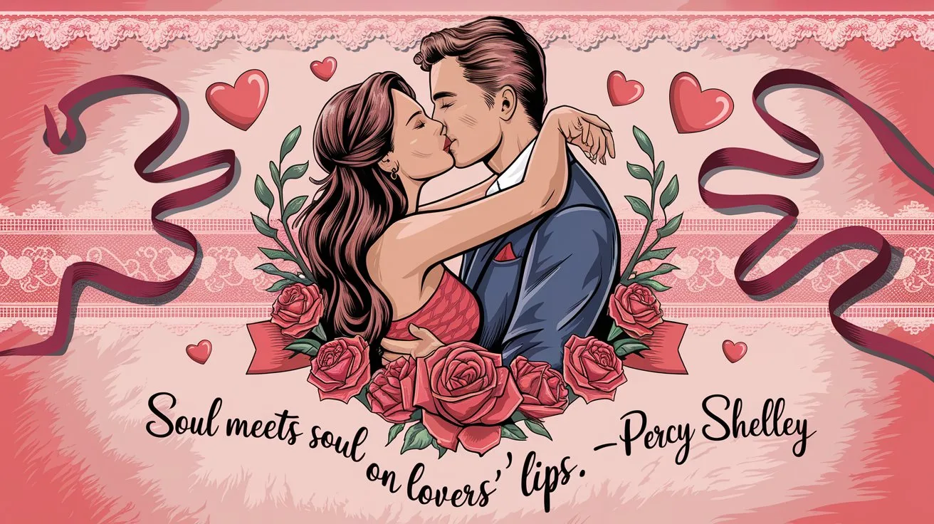 100 Valentines Day Quotes: From 600 BC to the 21st Century 29 - SeniorCenters.com A hand-drawn illustration of a couple kissing passionately on a Valentine's Day background. The woman has long brown hair and wears a red dress. The man has short brown hair and wears a suit. There are hearts and roses around them. The background is a vintage Valentine's Day card with lace, ribbons, and a heart pattern. The text "Soul meets soul on lovers' lips.. -Percy Bysshe Shelley" is written in a cursive font at the bottom.