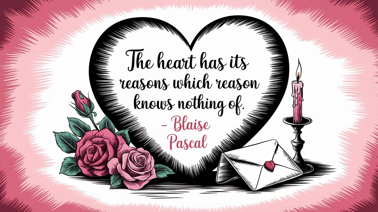100 Valentines Day Quotes: From 600 BC to the 21st Century 23 - SeniorCenters.com A hand-drawn illustration of a heart with the quote "The heart has its reasons which reason knows nothing of. - Blaise Pascal". There are roses, a love letter, and a candlestick beside the heart. The background is a vintage pink and red pattern.