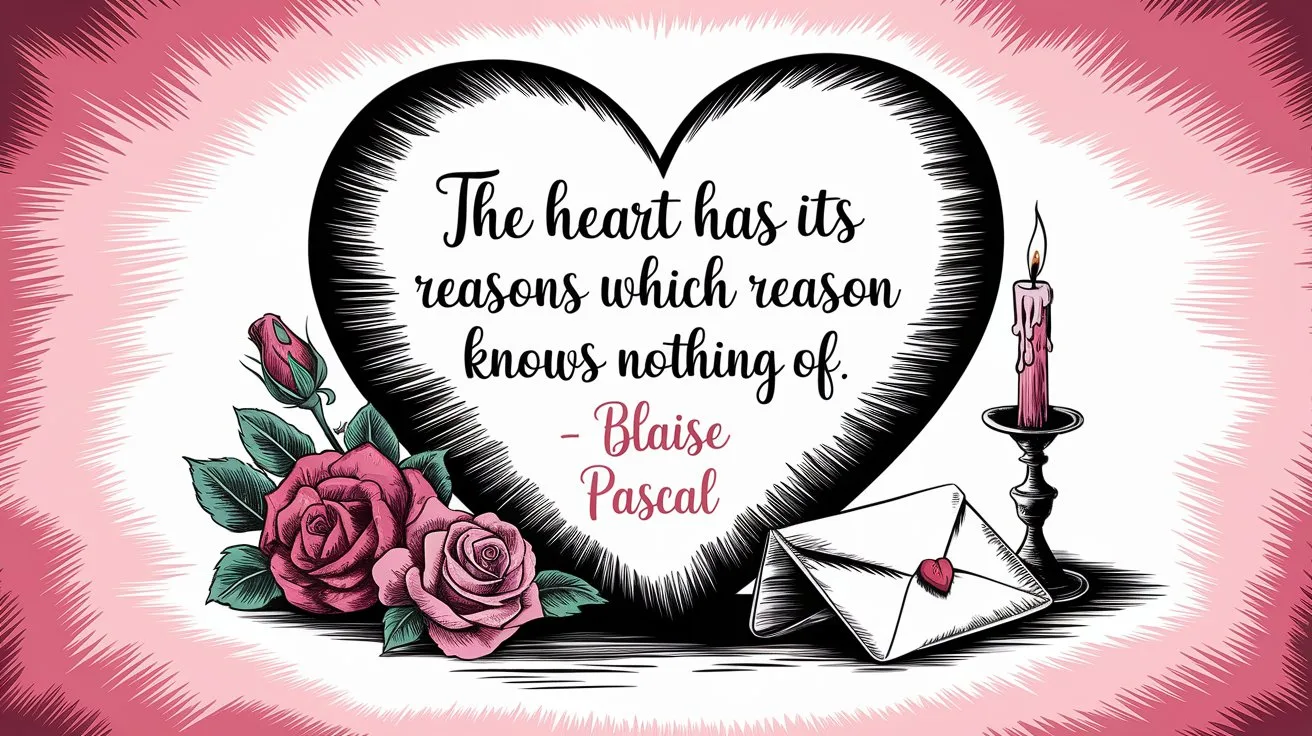 100 Valentines Day Quotes: From 600 BC to the 21st Century 22 - SeniorCenters.com A hand-drawn illustration of a heart with the quote "The heart has its reasons which reason knows nothing of. - Blaise Pascal". There are roses, a love letter, and a candlestick beside the heart. The background is a vintage pink and red pattern.