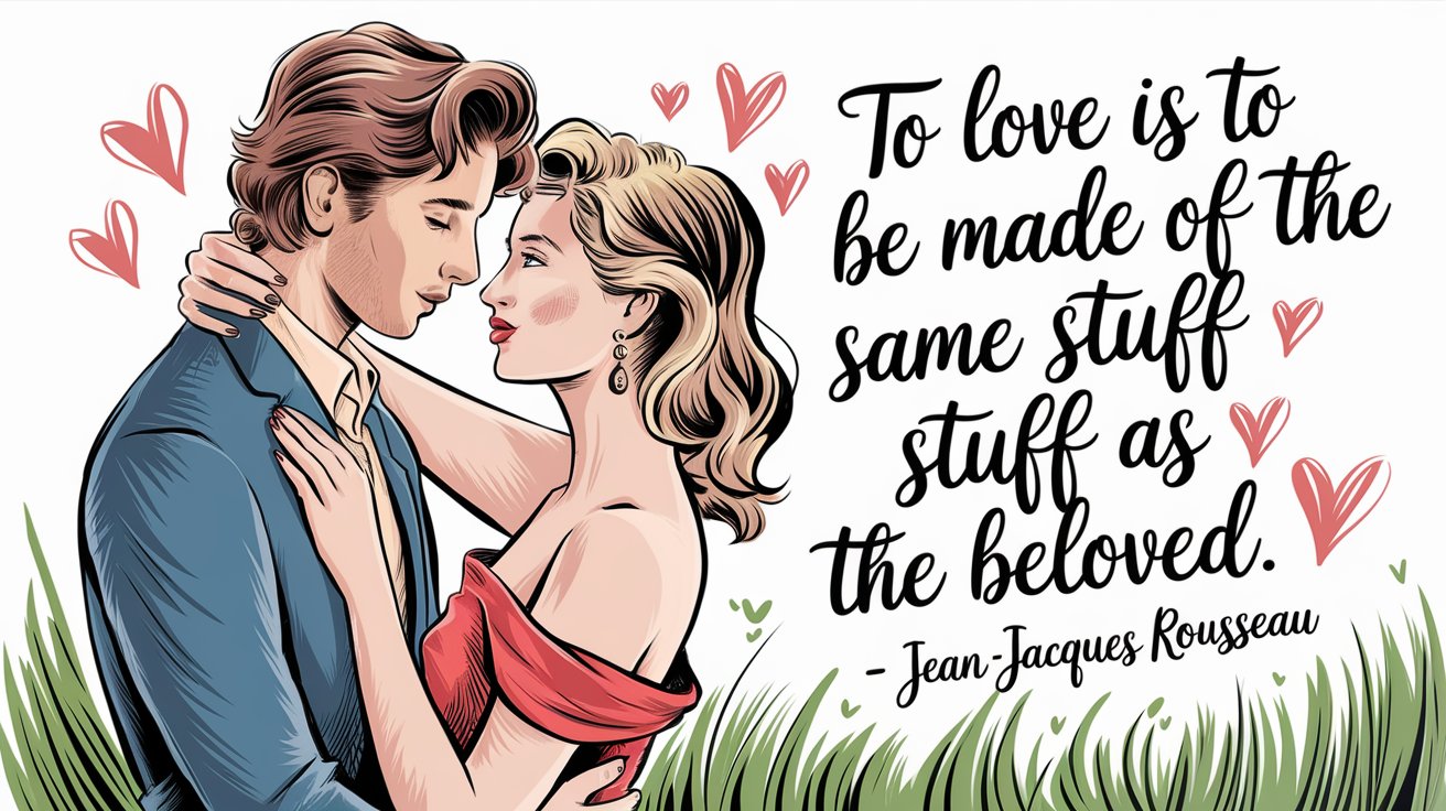 100 Valentines Day Quotes: From 600 BC to the 21st Century 24 - SeniorCenters.com A hand-drawn illustration of a man and a woman in a romantic embrace. The man has brown hair and wears a suit, while the woman has blonde hair and wears a red dress. There are hearts around them and the text "To love is to be made of the same stuff as the beloved. - Jean-Jacques Rousseau". The background is a lush green field.
