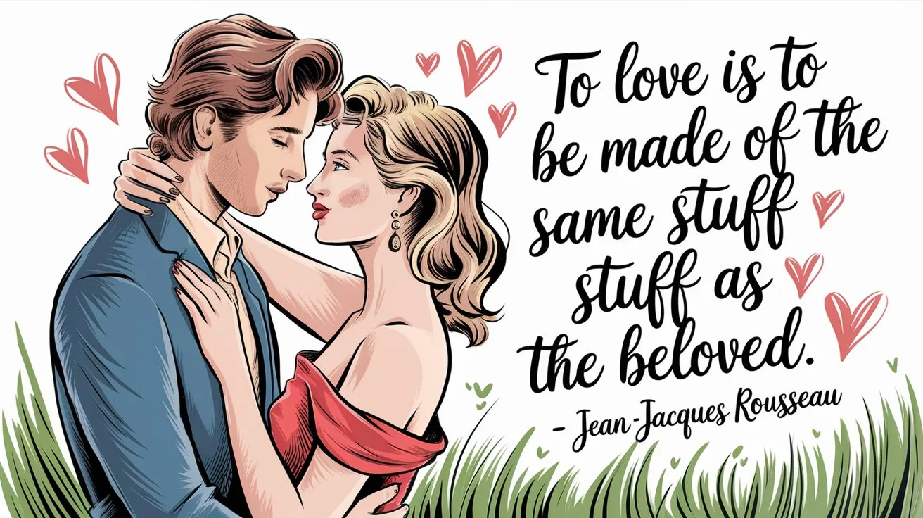 100 Valentines Day Quotes: From 600 BC to the 21st Century 23 - SeniorCenters.com A hand-drawn illustration of a man and a woman in a romantic embrace. The man has brown hair and wears a suit, while the woman has blonde hair and wears a red dress. There are hearts around them and the text "To love is to be made of the same stuff as the beloved. - Jean-Jacques Rousseau". The background is a lush green field.