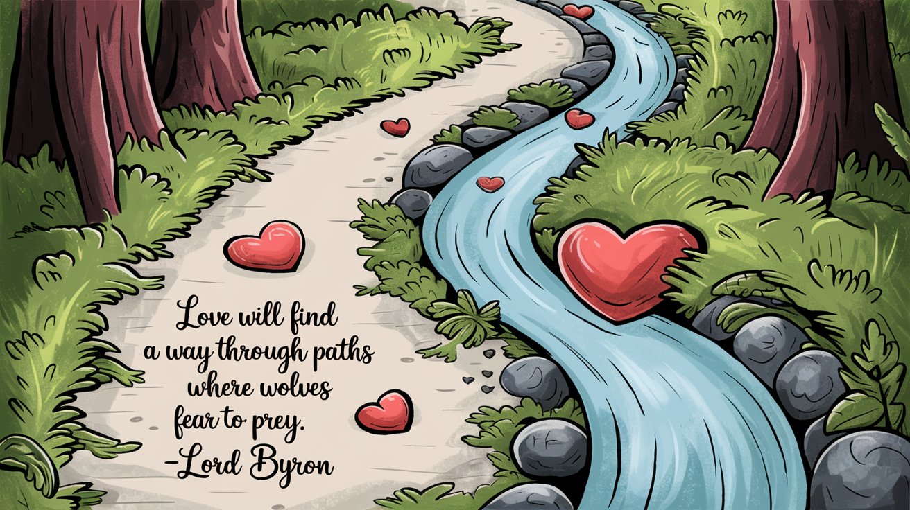100 Valentines Day Quotes: From 600 BC to the 21st Century 29 - SeniorCenters.com A hand-drawn illustration of a winding path surrounded by lush nature, with a clear stream running through it. On the path, there's a heart-shaped stone. There are also hearts floating in the air. The overall image has a romantic and nature-inspired style. The quote "Love will find a way through paths where wolves fear to prey. -Lord Byron" is written in a cursive script at the bottom.