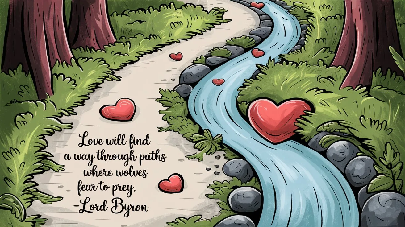 100 Valentines Day Quotes: From 600 BC to the 21st Century 28 - SeniorCenters.com A hand-drawn illustration of a winding path surrounded by lush nature, with a clear stream running through it. On the path, there's a heart-shaped stone. There are also hearts floating in the air. The overall image has a romantic and nature-inspired style. The quote "Love will find a way through paths where wolves fear to prey. -Lord Byron" is written in a cursive script at the bottom.