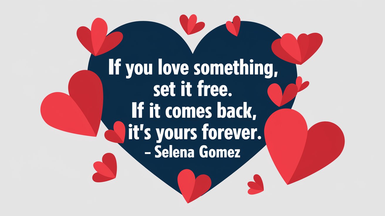 100 Valentines Day Quotes: From 600 BC to the 21st Century 88 - SeniorCenters.com A modern illustration of a heart shape with the quote "If you love something, set it free. If it comes back, it's yours forever. - Selena Gomez". There are red hearts floating around the heart shape. The background is white.