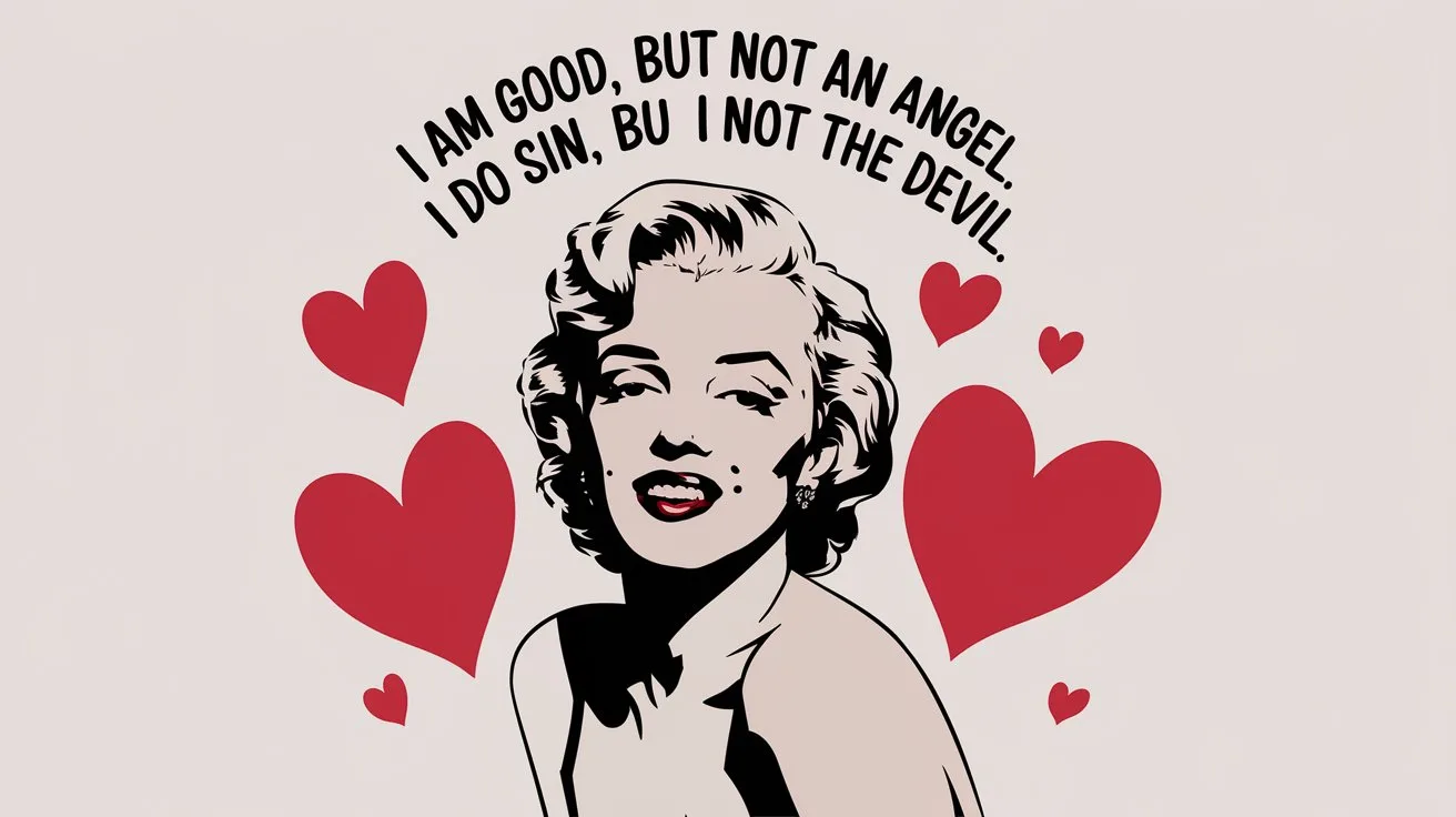 100 Valentines Day Quotes: From 600 BC to the 21st Century 73 - SeniorCenters.com A modern illustration of Marilyn Monroe with the text "I am good, but not an angel. I do sin, but I am not the devil." above her head. There are red hearts around the image. The background is white.