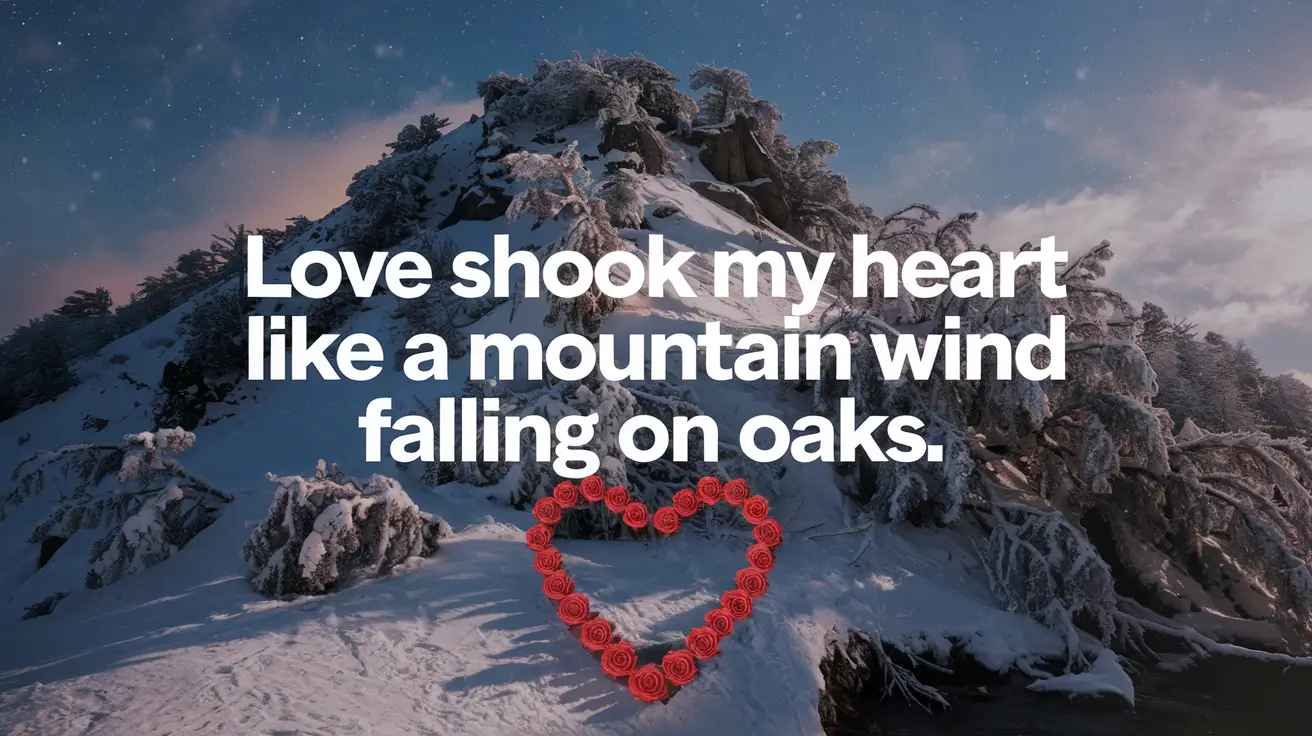 100 Valentines Day Quotes: From 600 BC to the 21st Century 2 - SeniorCenters.com A photo of a mountain with oaks covered in snow, with the quote "Love shook my heart like a mountain wind falling on oaks." superimposed in white text over the image. There's a heart shape made of red roses at the base of the mountain. The background contains a clear sky with a few stars.