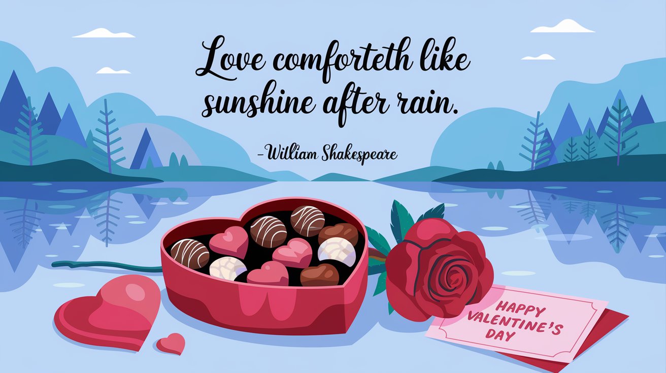 100 Valentines Day Quotes: From 600 BC to the 21st Century 18 - SeniorCenters.com A Valentine's Day illustration with a quote by William Shakespeare: "Love comforteth like sunshine after rain." There's a heart-shaped box of chocolates, a red rose, and a Valentine's Day card. The background is a serene landscape with a calm lake reflecting the mountains, trees, and sky.