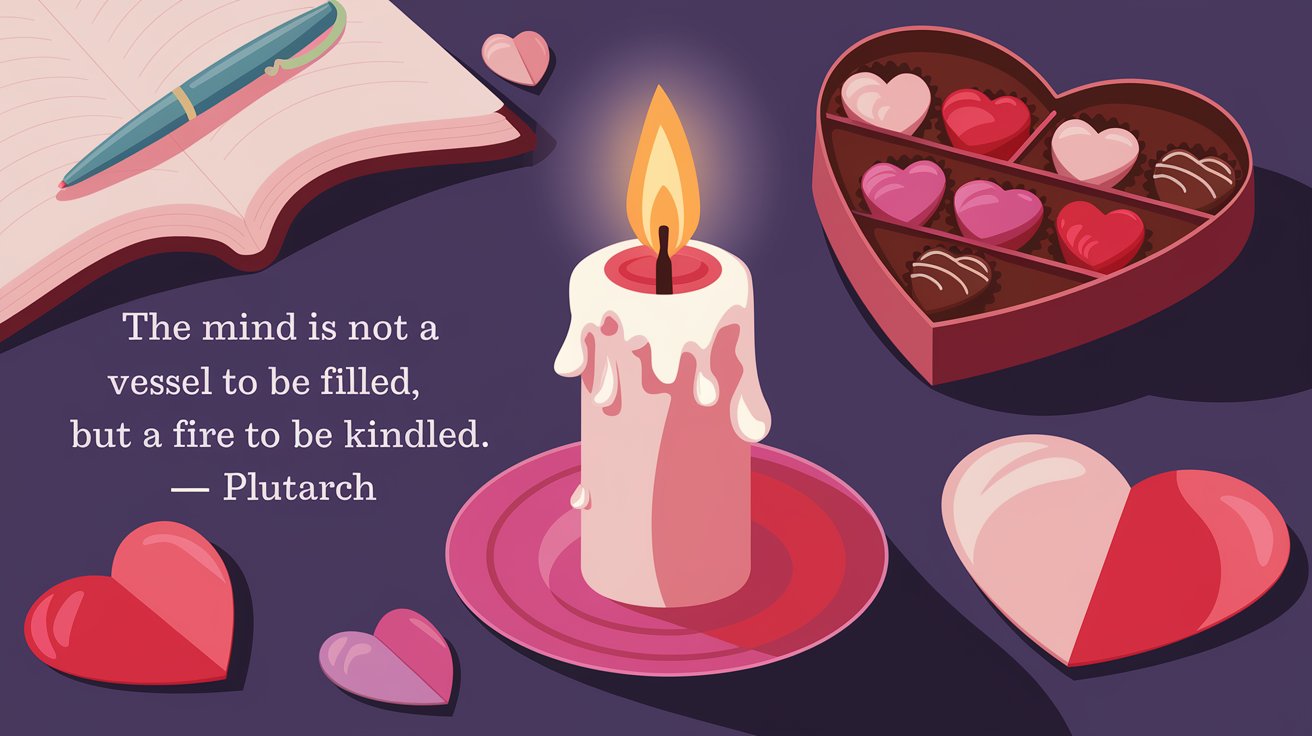 100 Valentines Day Quotes: From 600 BC to the 21st Century 9 - SeniorCenters.com A Valentine's Day illustration with the quote "The mind is not a vessel to be filled but a fire to be kindled. - Plutarch". There's a candle with a heart-shaped wax. The background is a table with a book, a pen, and a heart-shaped box of chocolates. There are also red and pink hearts scattered around the table.