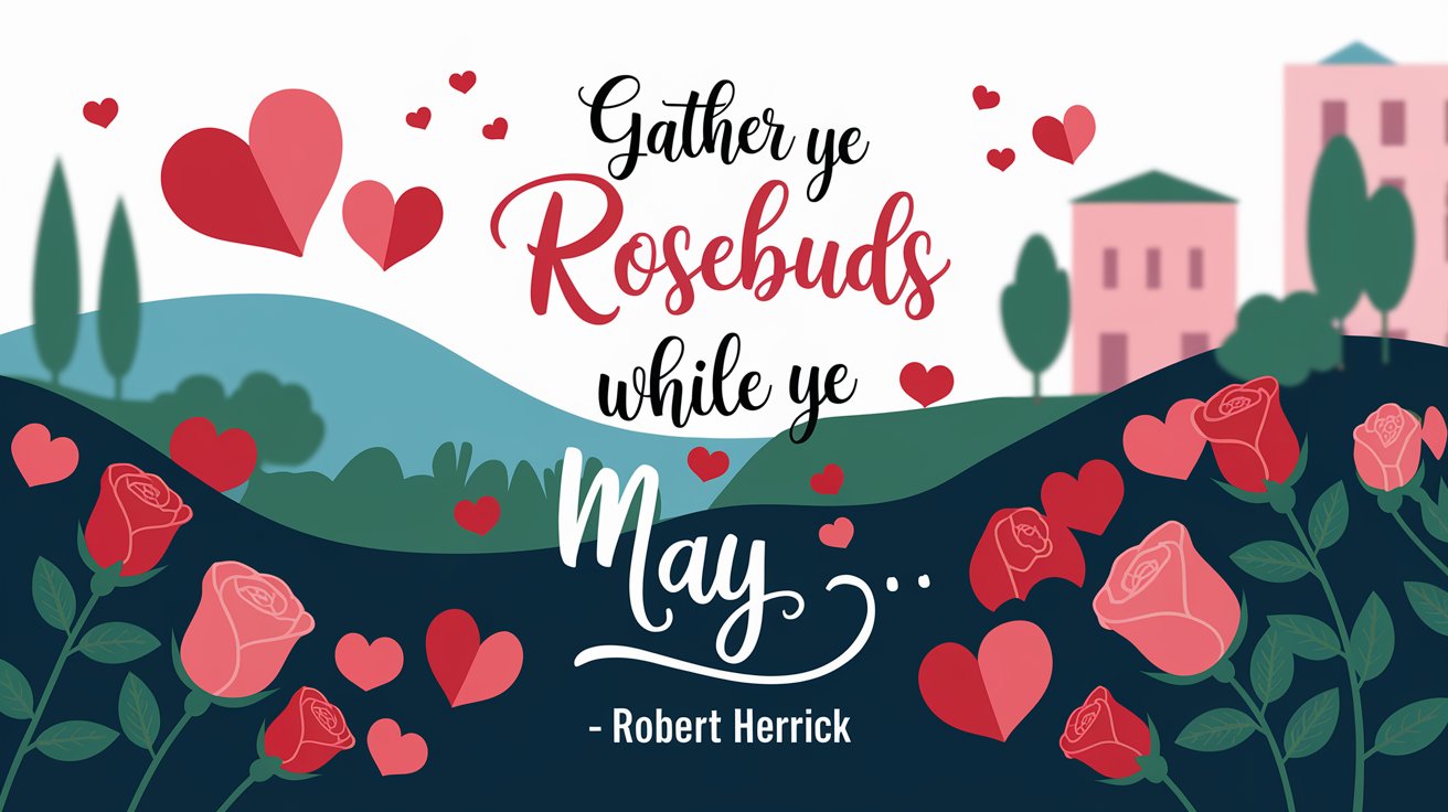 100 Valentines Day Quotes: From 600 BC to the 21st Century 20 - SeniorCenters.com A Valentine's Day illustration with the quote "Gather ye rosebuds while ye may.. - Robert Herrick". There are rosebuds and hearts scattered around the image. There are also a pair of red hearts floating in the air. The background is a blurred landscape with rolling hills, trees, and a building.