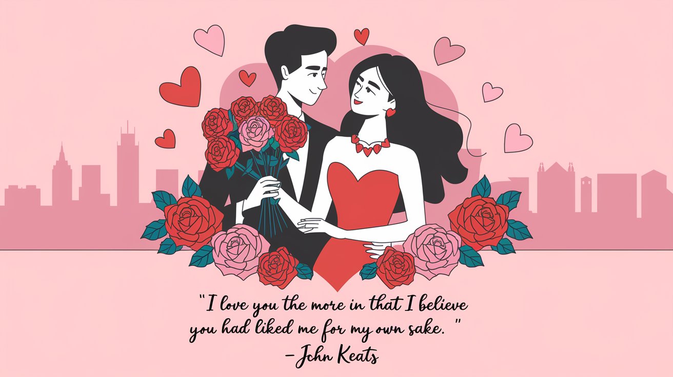 100 Valentines Day Quotes: From 600 BC to the 21st Century 31 - SeniorCenters.com A valentines day illustration of a man and a woman. The man is holding a bouquet of roses. The woman is wearing a red dress and a necklace. There are hearts and roses around them. The background is a city skyline. The text "I love you the more in that I believe you had liked me for my own sake. -John Keats" is written in cursive at the bottom.