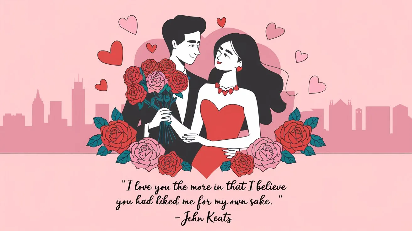 100 Valentines Day Quotes: From 600 BC to the 21st Century 30 - SeniorCenters.com A valentines day illustration of a man and a woman. The man is holding a bouquet of roses. The woman is wearing a red dress and a necklace. There are hearts and roses around them. The background is a city skyline. The text "I love you the more in that I believe you had liked me for my own sake. -John Keats" is written in cursive at the bottom.