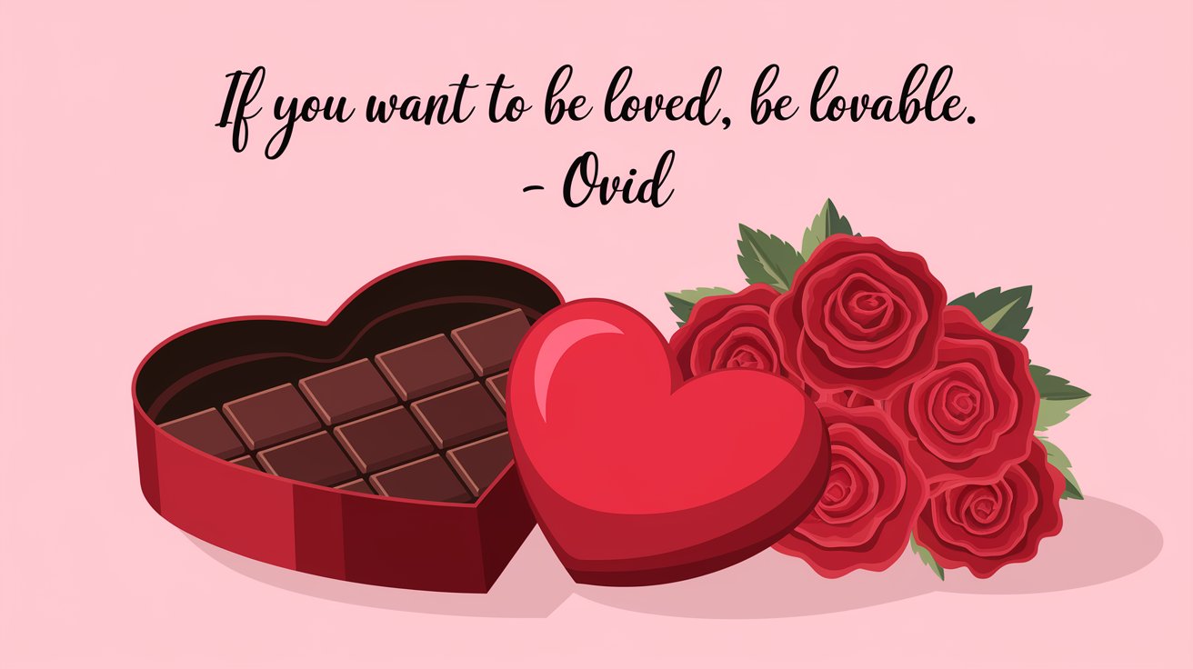 100 Valentines Day Quotes: From 600 BC to the 21st Century 7 - SeniorCenters.com A vector illustration of a heart-shaped chocolate box, a red heart, and a bouquet of red roses. The background is a soft pink. Over the items, the text "If you want to be loved, be lovable. - Ovid" is written in a cursive font.