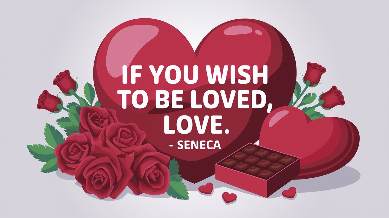 100 Valentines Day Quotes: From 600 BC to the 21st Century 8 - SeniorCenters.com A vector illustration of a heart with the words "If you wish to be loved, love. - Seneca". There are red roses, a box of chocolates, and a heart-shaped pillow around the heart. The background is white.