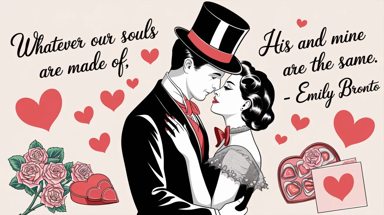 100 Valentines Day Quotes: From 600 BC to the 21st Century 35 - SeniorCenters.com A vintage-style illustration of a man and a woman in a romantic embrace. The man is wearing a top hat and a suit, while the woman is wearing a dress with a lace overlay and a bow at the neck. Their faces are not visible. There are hearts and the text "Whatever our souls are made of, his and mine are the same. -Emily Brontë" written in cursive script above the couple. There are also roses, a heart-shaped box of chocolates, and a Valentine's day card with a heart on the ground beside the couple.