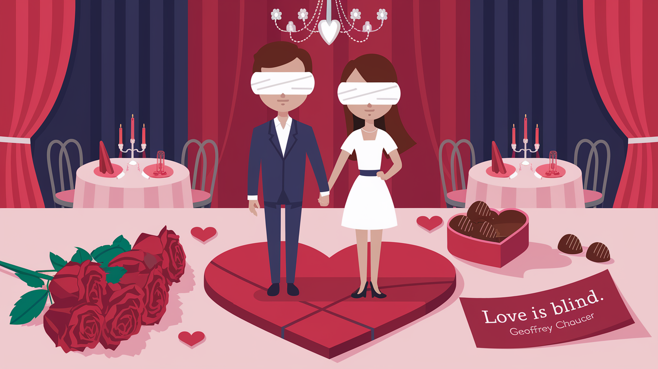 100 Valentines Day Quotes: From 600 BC to the 21st Century 16 - SeniorCenters.com An illustration of a blindfolded man and woman holding hands. They are standing on a heart-shaped platform. There are red roses, a heart-shaped box of chocolates, and a Valentine's Day card with the quote "Love is blind" by Geoffrey Chaucer. The background is a romantic setting with candlelit tables, red curtains, and a chandelier.