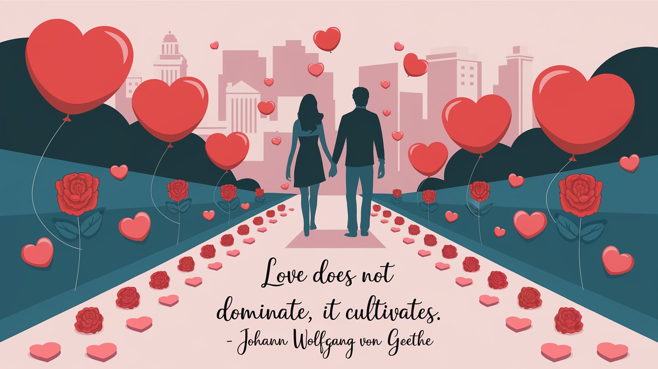 100 Valentines Day Quotes: From 600 BC to the 21st Century 26 - SeniorCenters.com An illustration of a couple holding hands and walking along a path. The path is lined with red roses and heart-shaped balloons. There are also heart-shaped candies scattered on the ground. The background contains a city with buildings. There are hearts floating in the air around the couple. The quote "Love does not dominate; it cultivates. - Johann Wolfgang von Goethe" is written in a cursive font and is placed below the image.