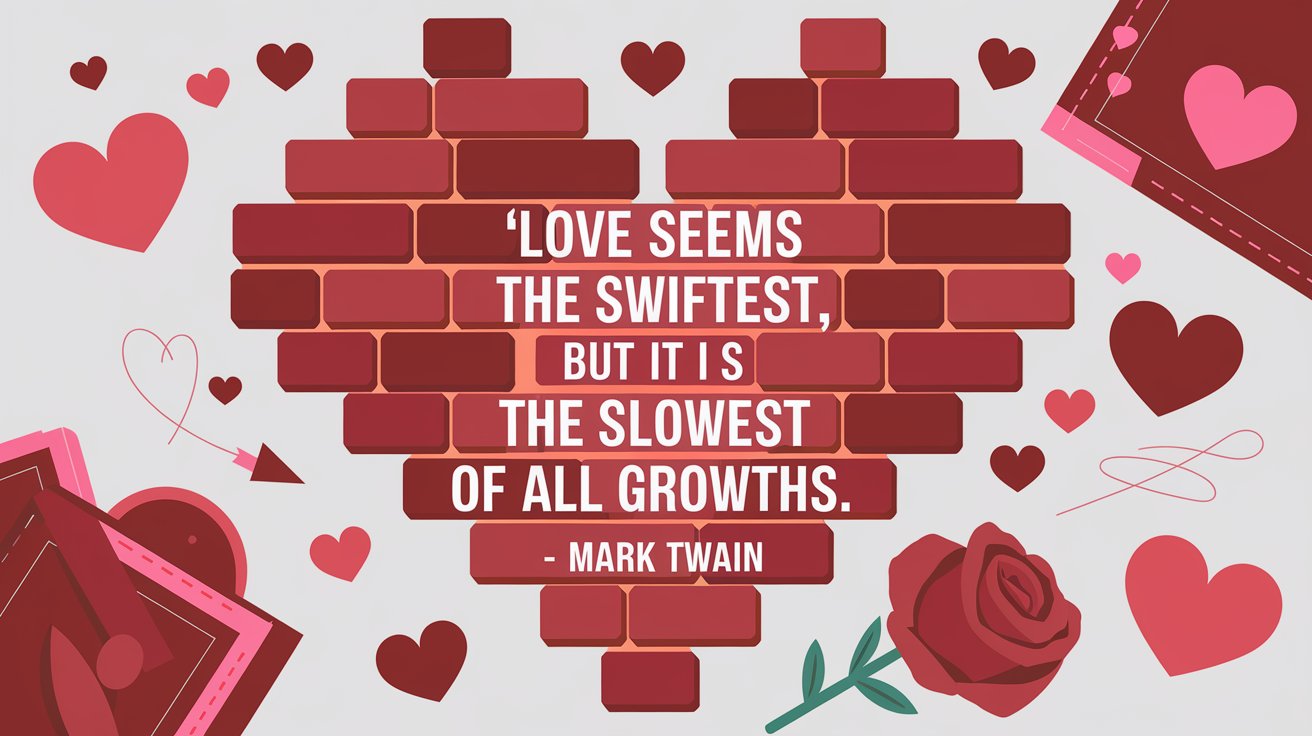 100 Valentines Day Quotes: From 600 BC to the 21st Century 44 - SeniorCenters.com An illustration of a heart made of bricks with the quote "Love seems the swiftest, but it is the slowest of all growths. - Mark Twain". There are hearts and Valentine's Day items like roses and a heart-shaped box around the image. The background is white.