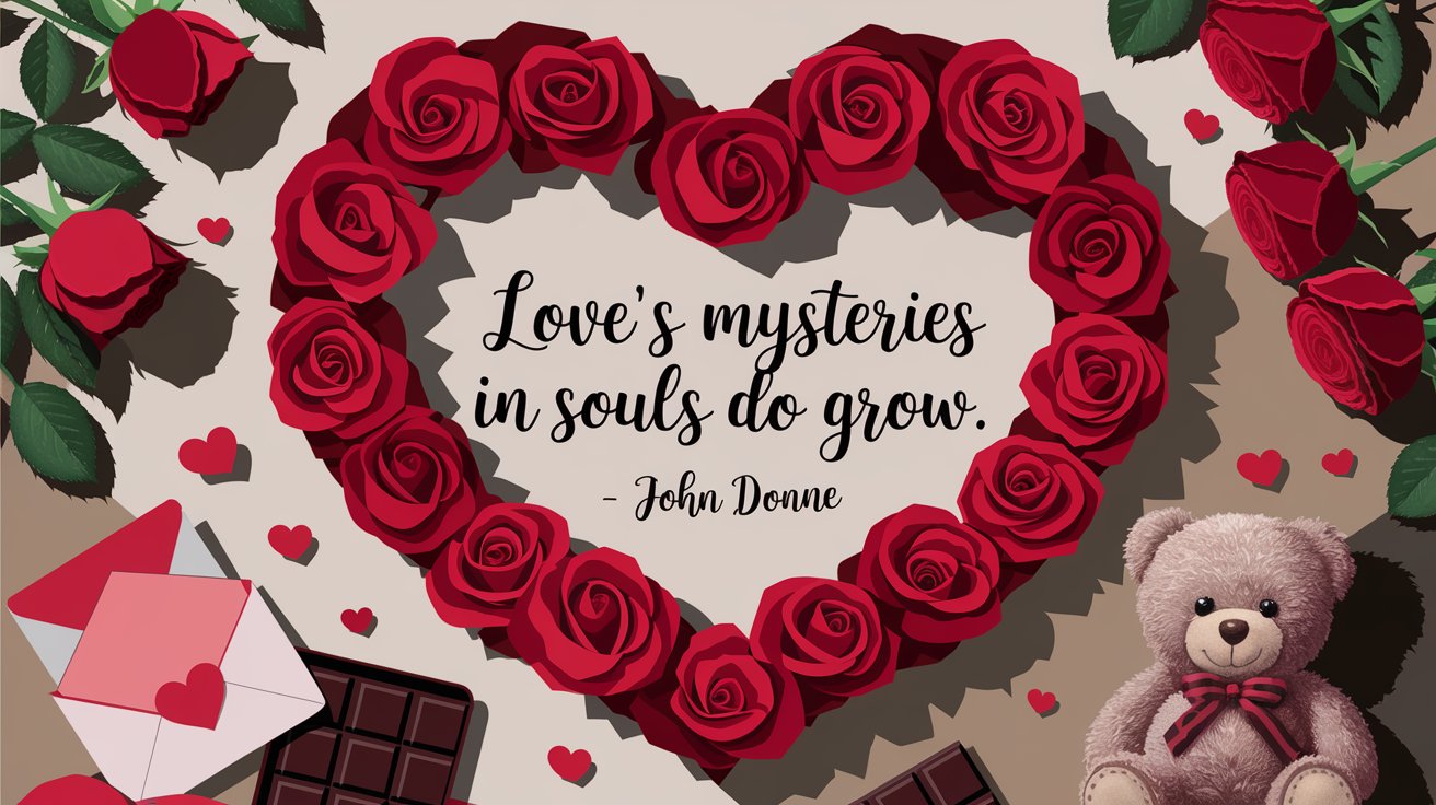 100 Valentines Day Quotes: From 600 BC to the 21st Century 19 - SeniorCenters.com An illustration of a heart made of roses with the quote "Love's mysteries in souls do grow. - John Donne". There are red roses around the heart. There are a valentine's day card, a chocolate box, and a teddy bear near the heart. The background is a beige wall.